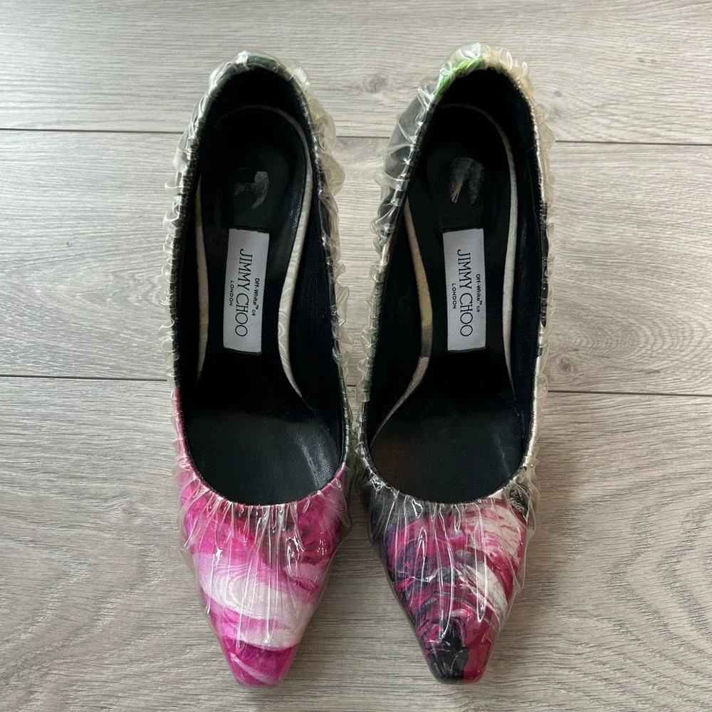 Off-White X Jimmy Choo Pink White Floral Satin Heels Plastic Overlay Size 37 - Picture 11 of 12